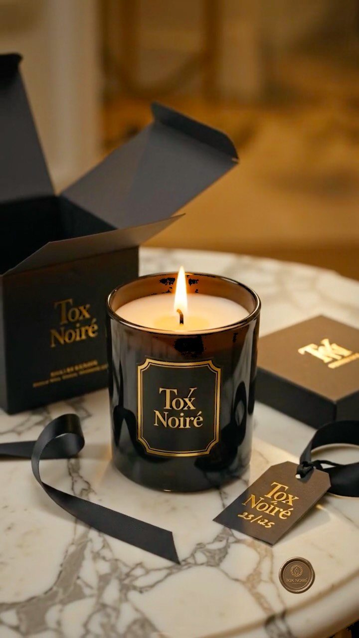Lit luxury scented candle in dark glass jar with black gift packaging on marble