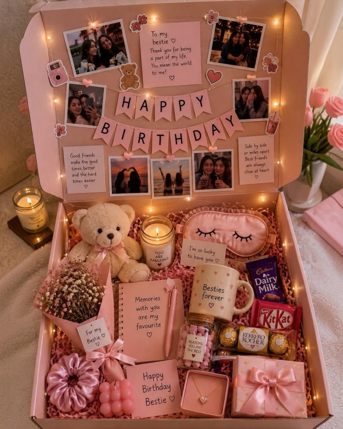 Pink birthday gift basket filled with a teddy bear, chocolates, and personalized keepsakes.