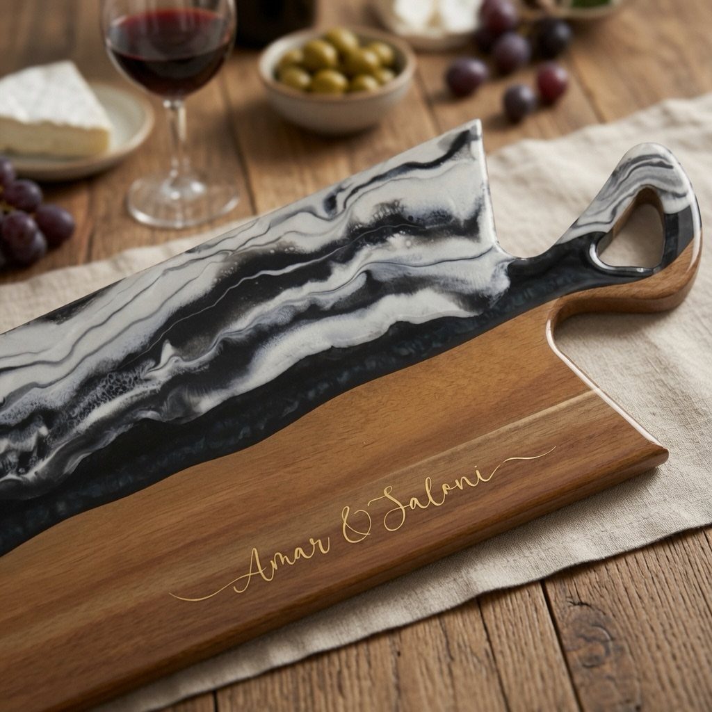 Personalized wooden charcuterie board with marble resin edge and gold engraved names.