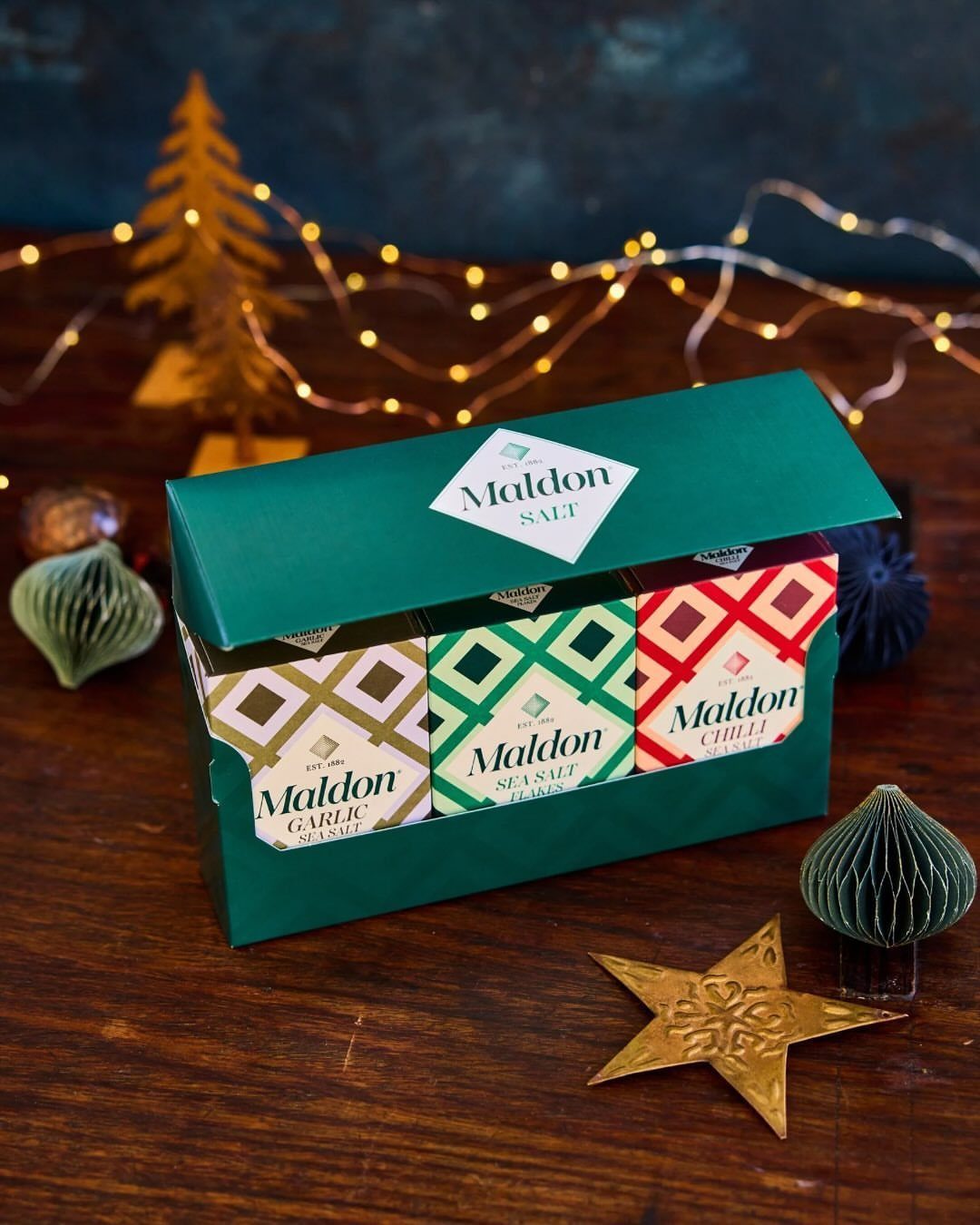 Maldon salt gift set in a green box on a festive wooden table