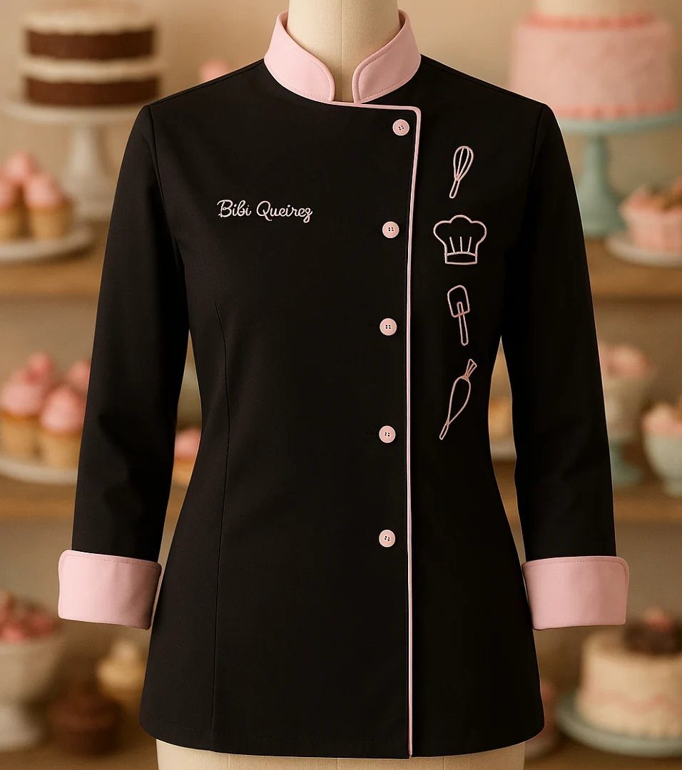 Black chef's jacket with pink trim and embroidered name on a mannequin.
