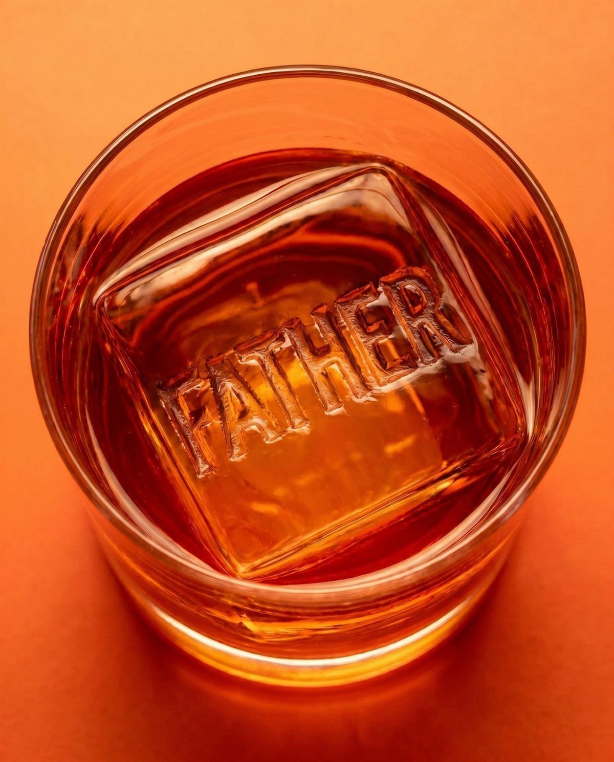Whiskey glass with a square ice cube embossed with the word FATHER