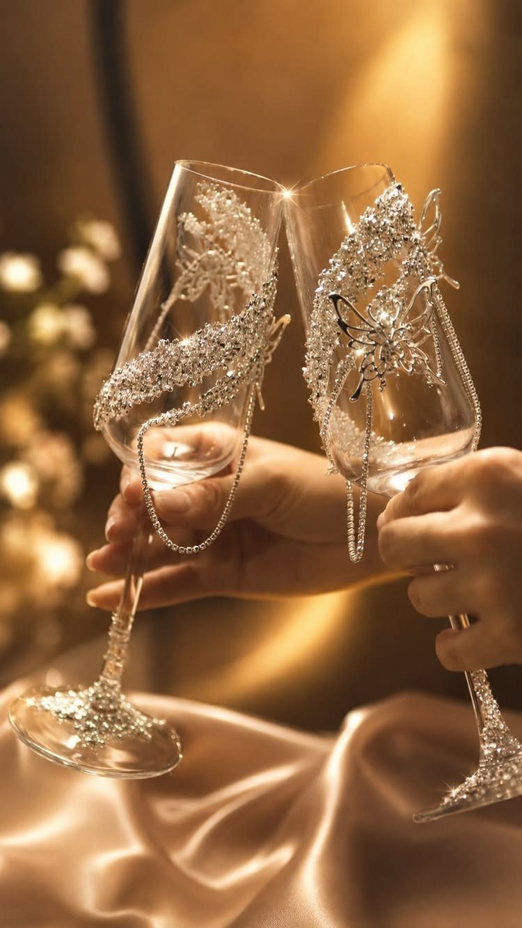Two crystal-encrusted wine glasses clinking together against a warm golden background.