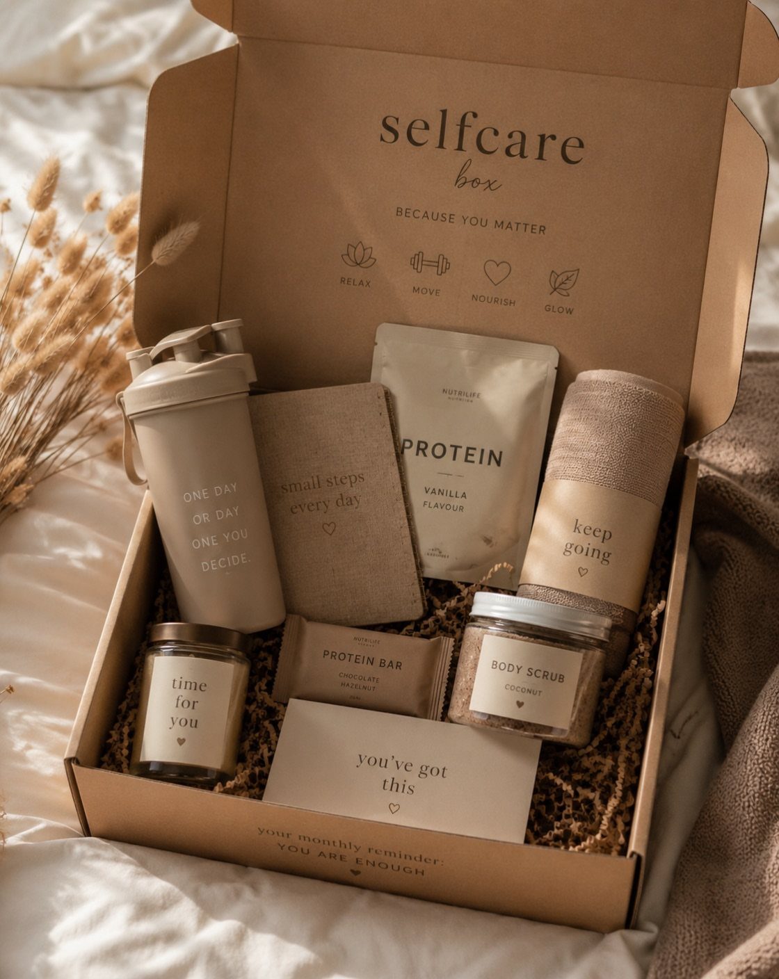 Self-care subscription box filled with neutral-toned wellness products and motivational cards.