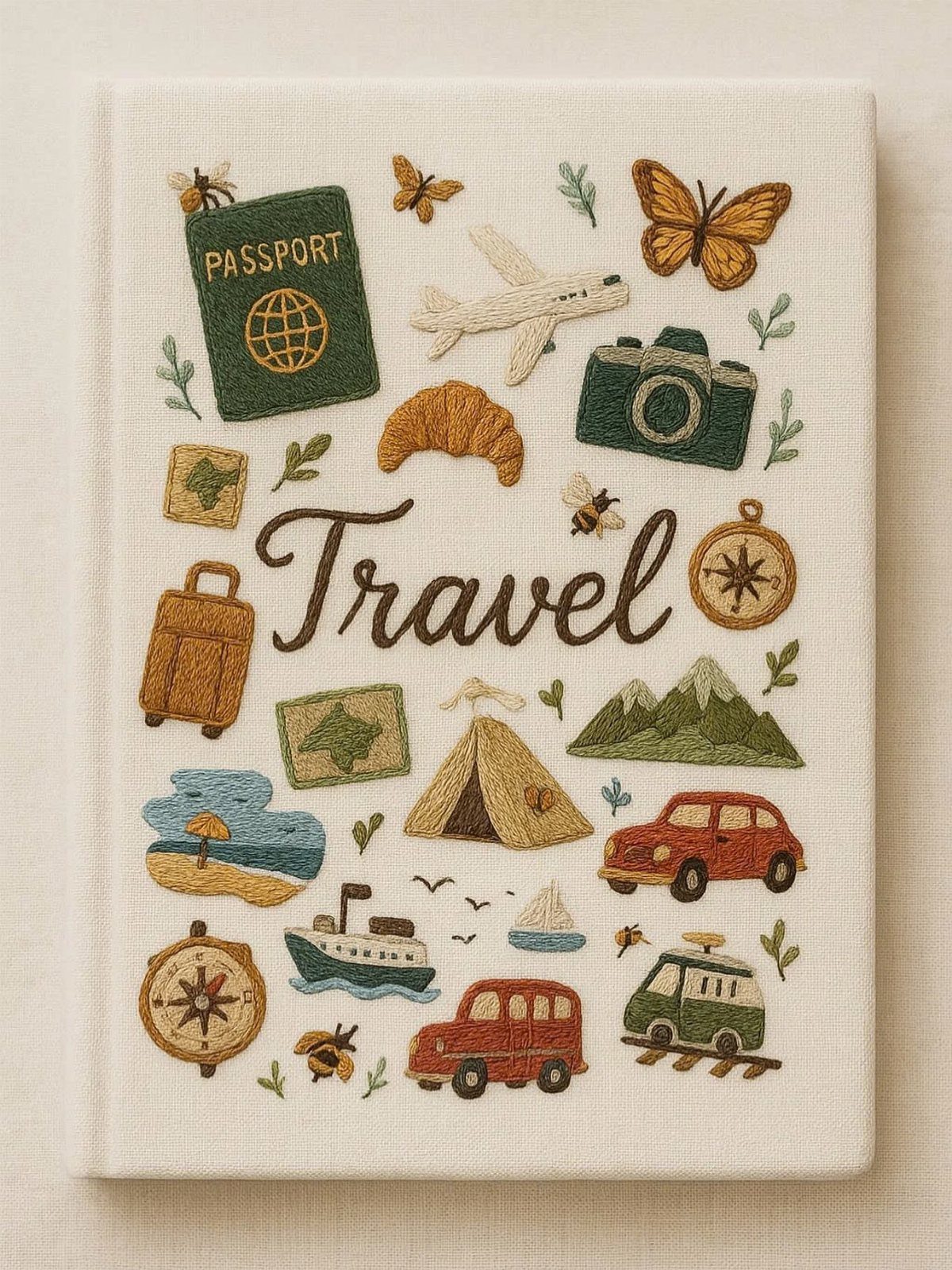 White fabric travel journal with colorful embroidered travel icons and cursive text.
