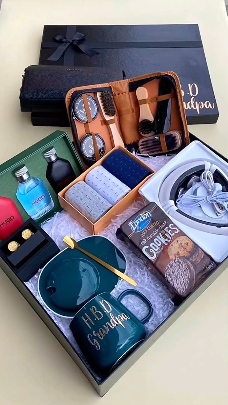 Curated gift box for grandpa with grooming kit, cologne, cookies, and personalized mug.
