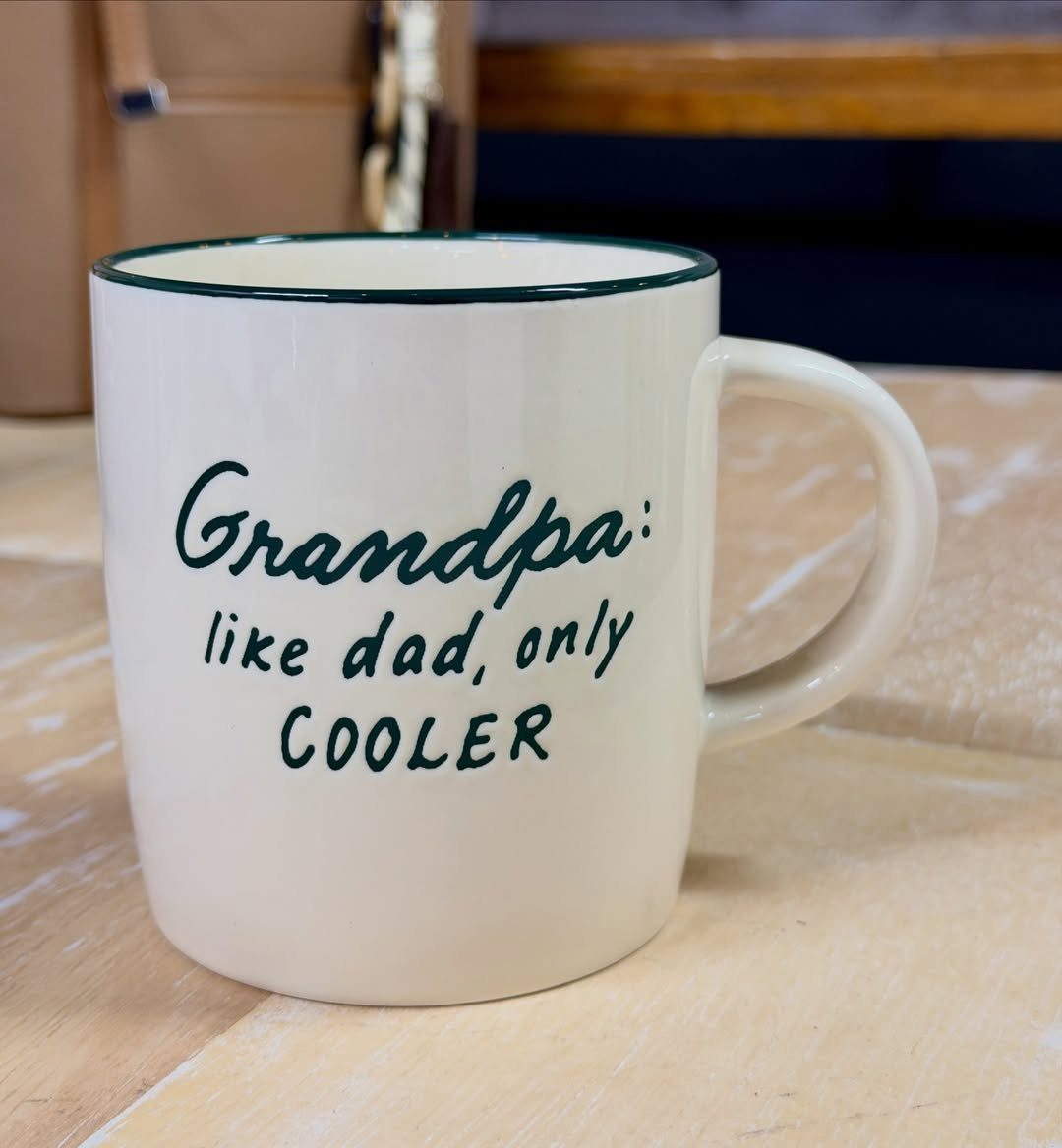 White ceramic mug with green text saying Grandpa: like dad, only COOLER.