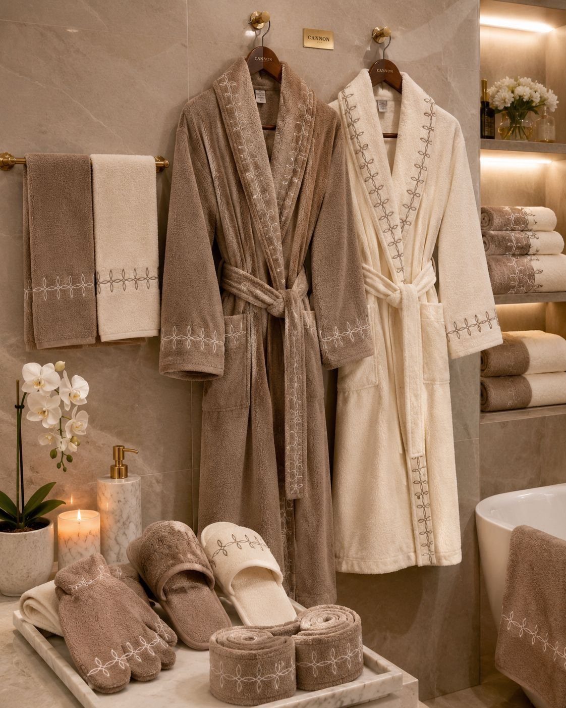 Luxury bathrobes, slippers, and towels in neutral tones arranged in a spa-like bathroom.