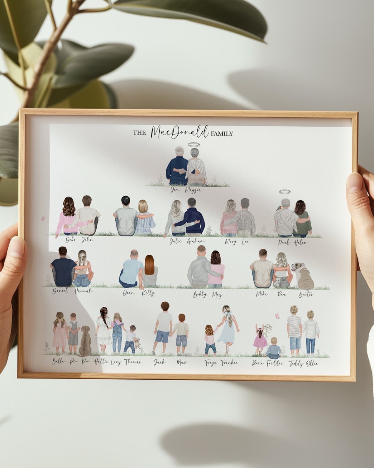 Custom family portrait illustration in a wooden frame showing multiple generations of family members.