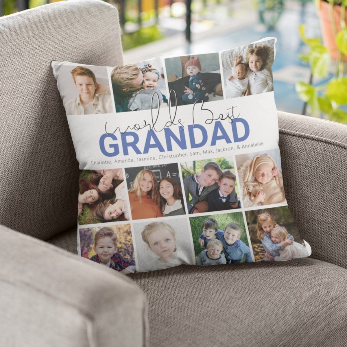 Personalized photo pillow for Grandad resting on a grey armchair