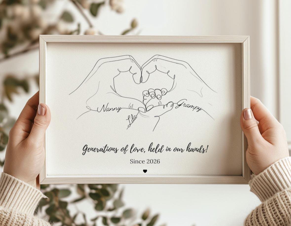 Wooden frame with line art of three generations of hands forming a heart