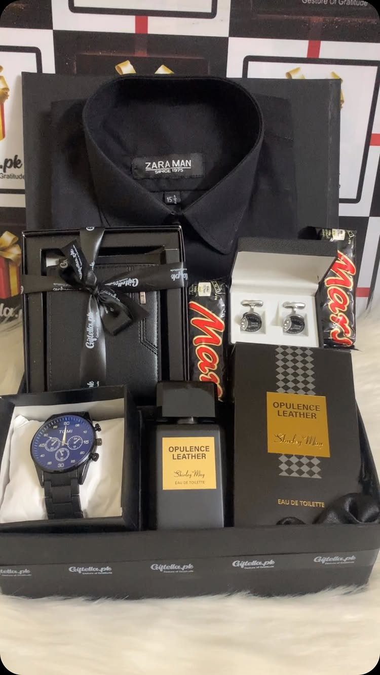 Black gift box with a shirt, watch, perfume, and cufflinks for men.