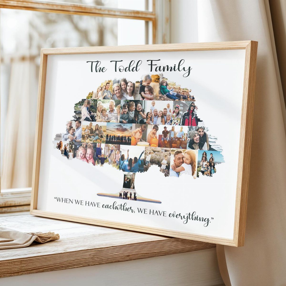 Framed family tree art made of photos with a sentimental quote below.