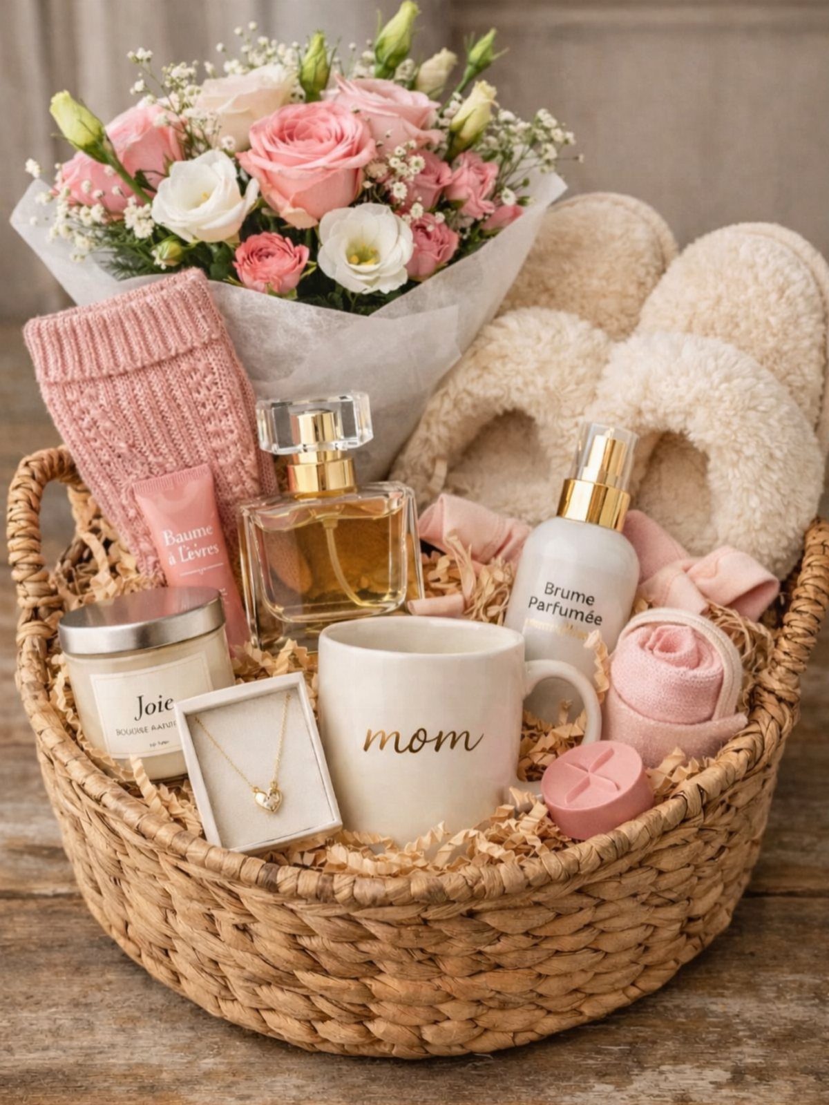 Woven gift basket for mom with skincare, jewelry, a mug, and pink roses.
