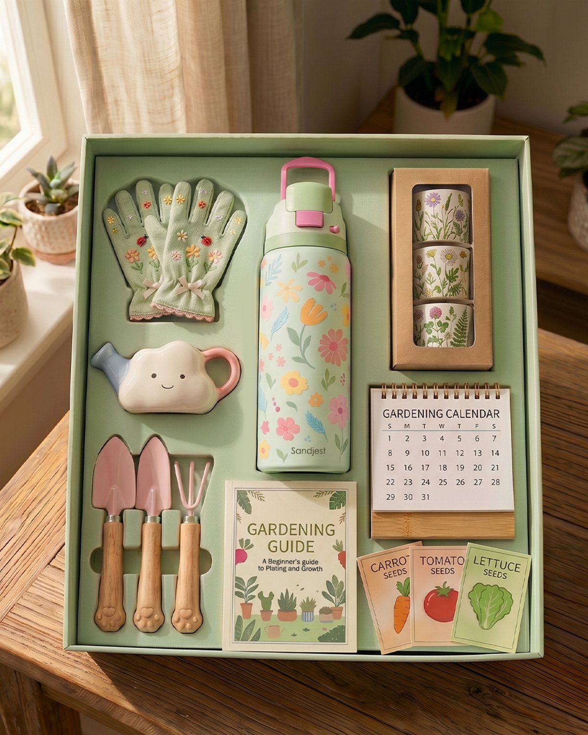 Gardening gift set in a green box with tools, seeds, and floral accessories.