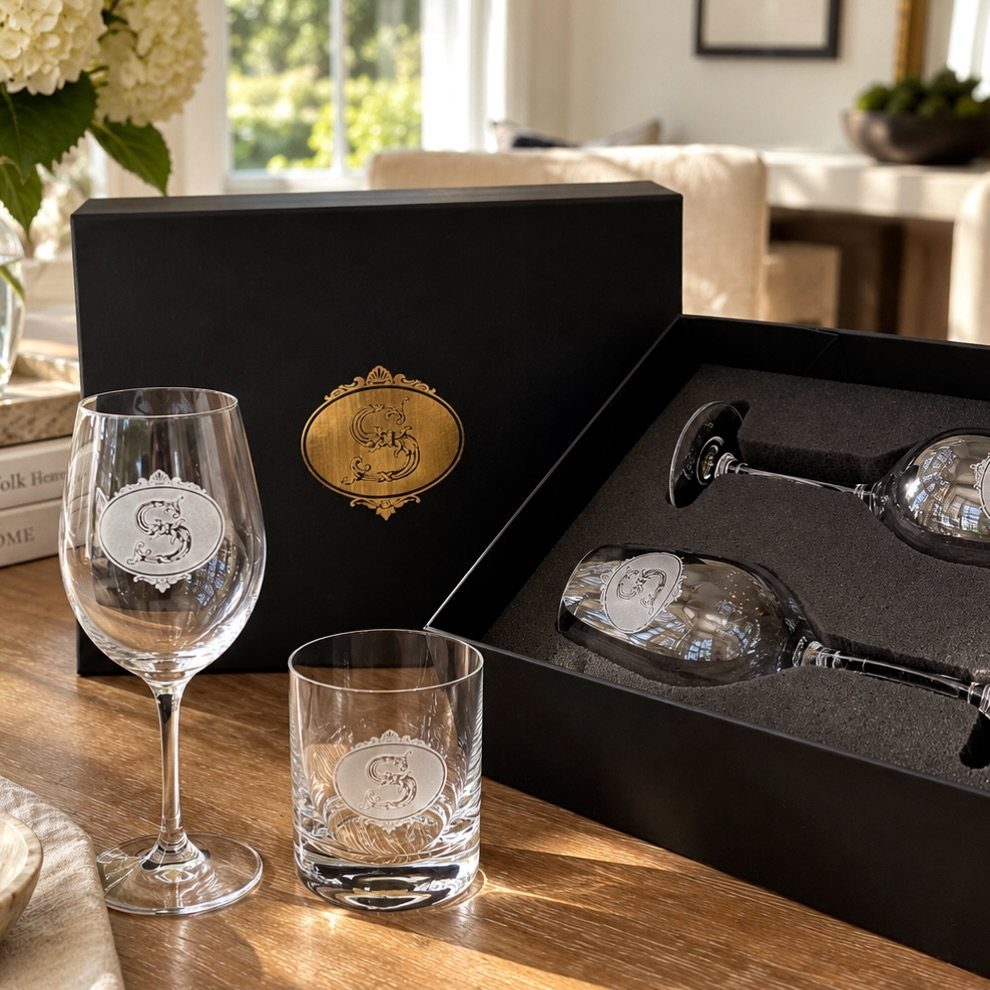 Engraved whiskey glass and wine glass next to a black gift box.
