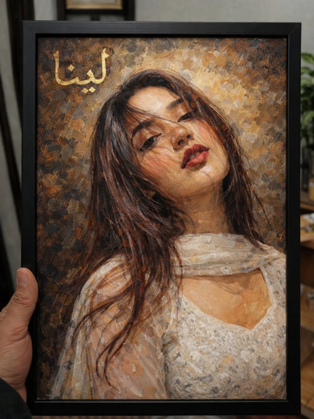 Framed portrait painting of a woman with long brown hair and gold background.