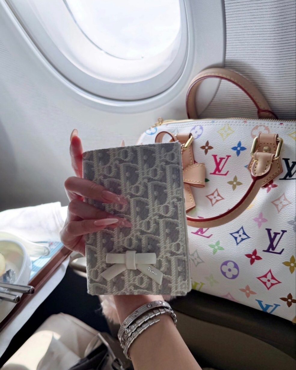 Luxury Dior wallet and colorful Louis Vuitton bag inside an airplane cabin window seat