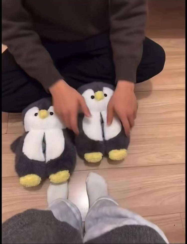 Plush penguin slippers held by a person sitting on a wooden floor.