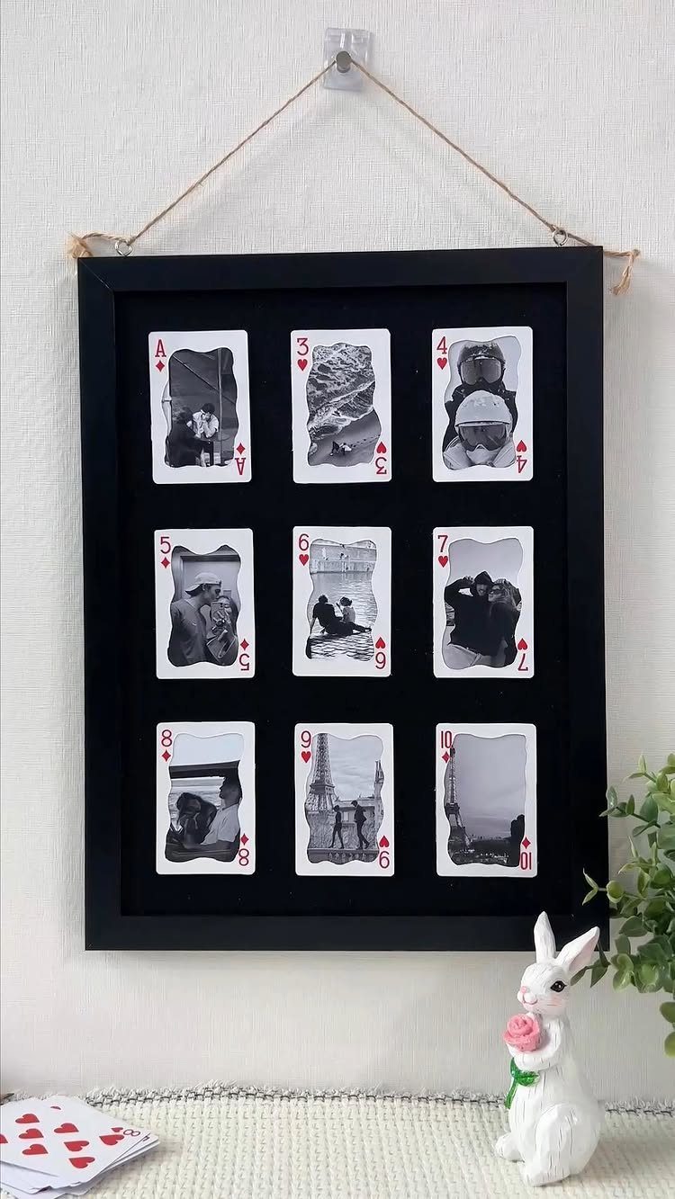 Framed collection of playing cards with black and white couple photos as a gift.