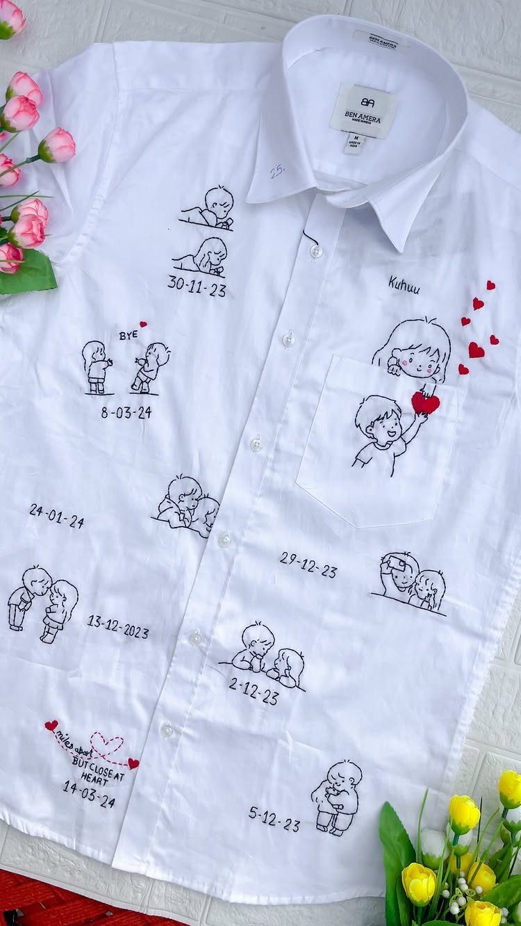 White button-down shirt decorated with romantic couple doodles and significant dates.
