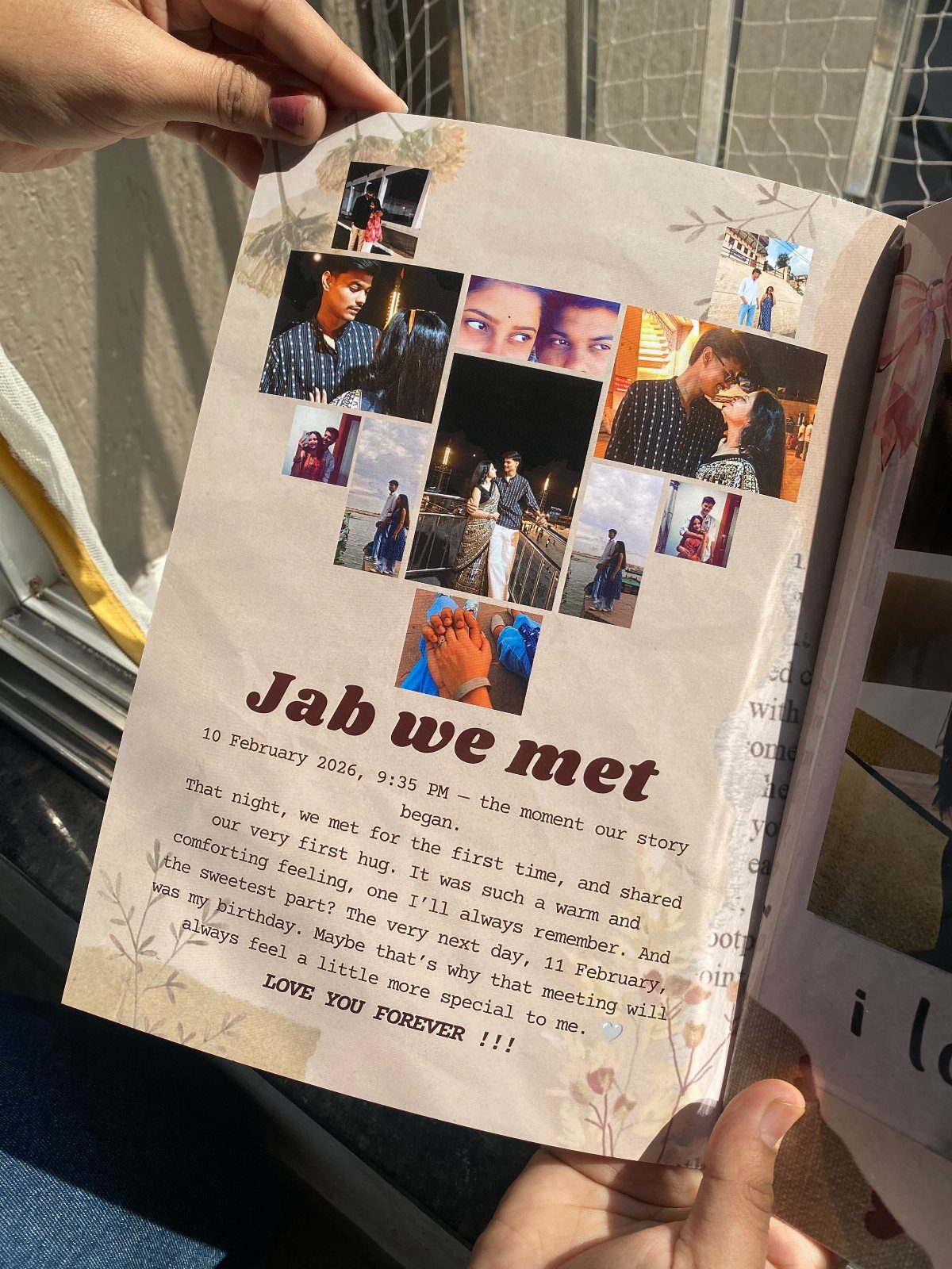 Handmade scrapbook page with couple photos and romantic text titled Jab we met
