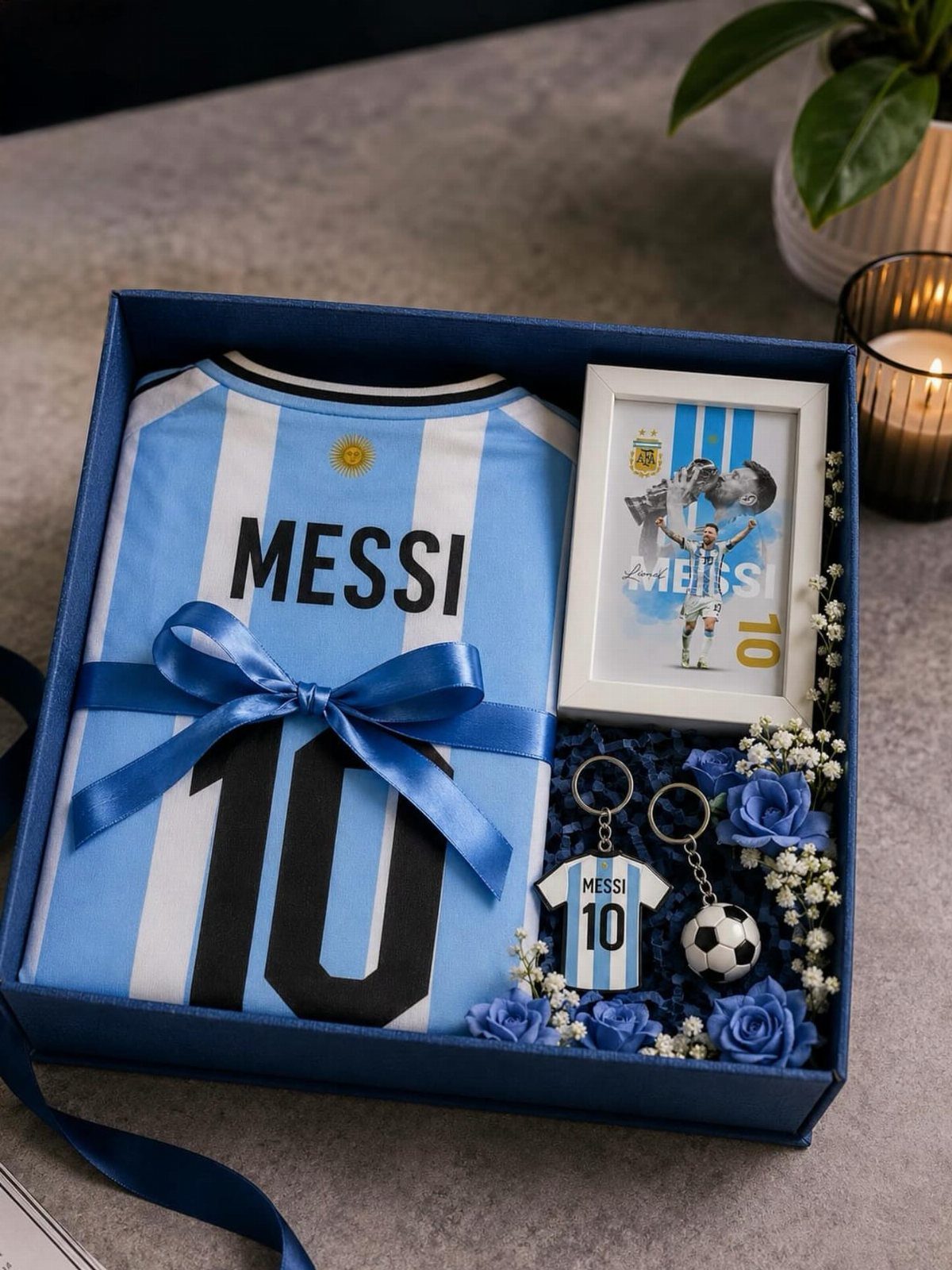 Messi Argentina jersey and soccer themed accessories arranged in a blue gift box.