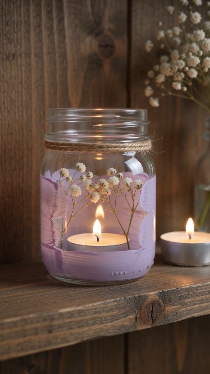 Lit tea light candle and white flowers inside a purple painted mason jar.