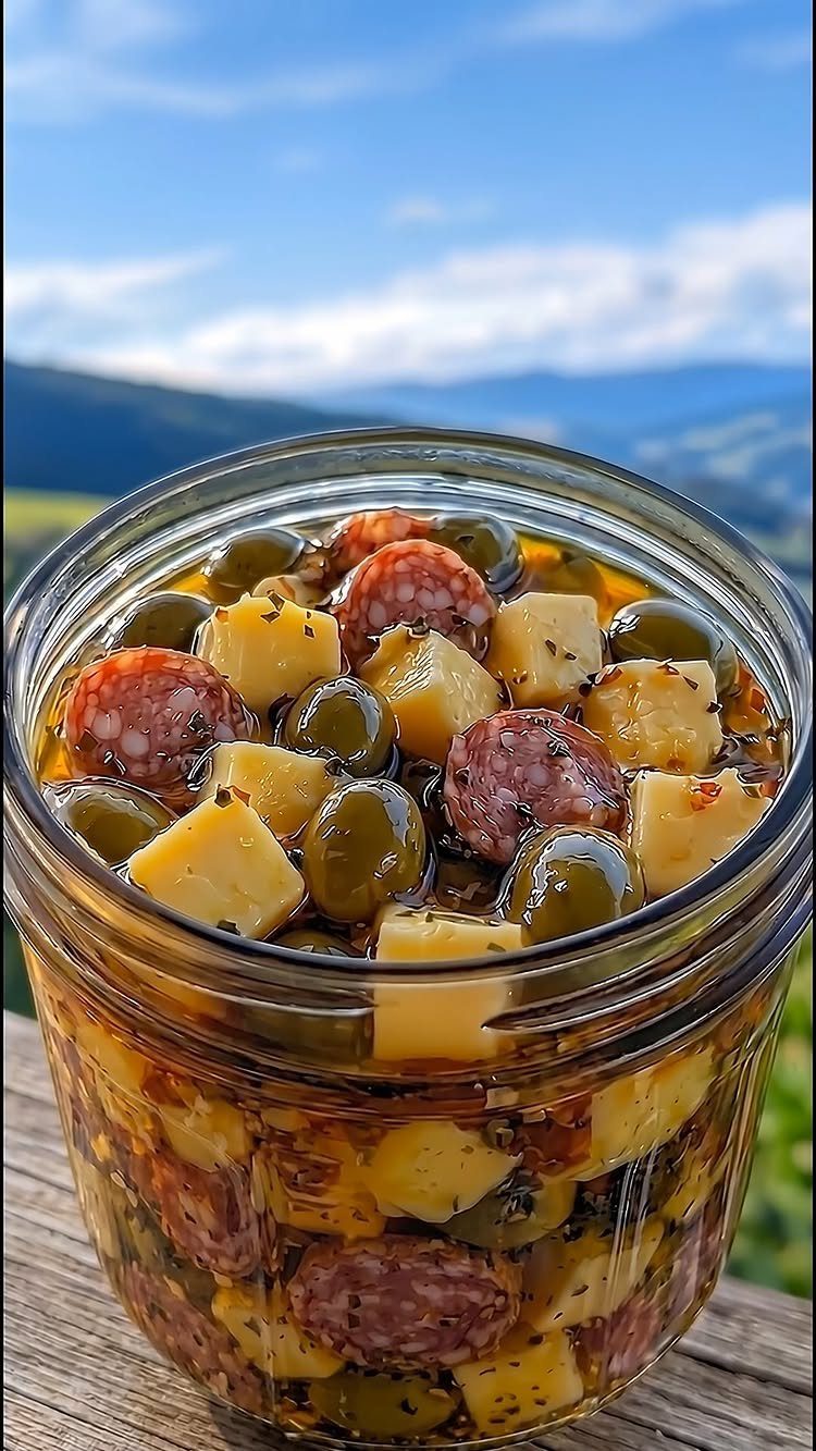 Marinated olives, cheese cubes, and salami slices inside a glass mason jar.