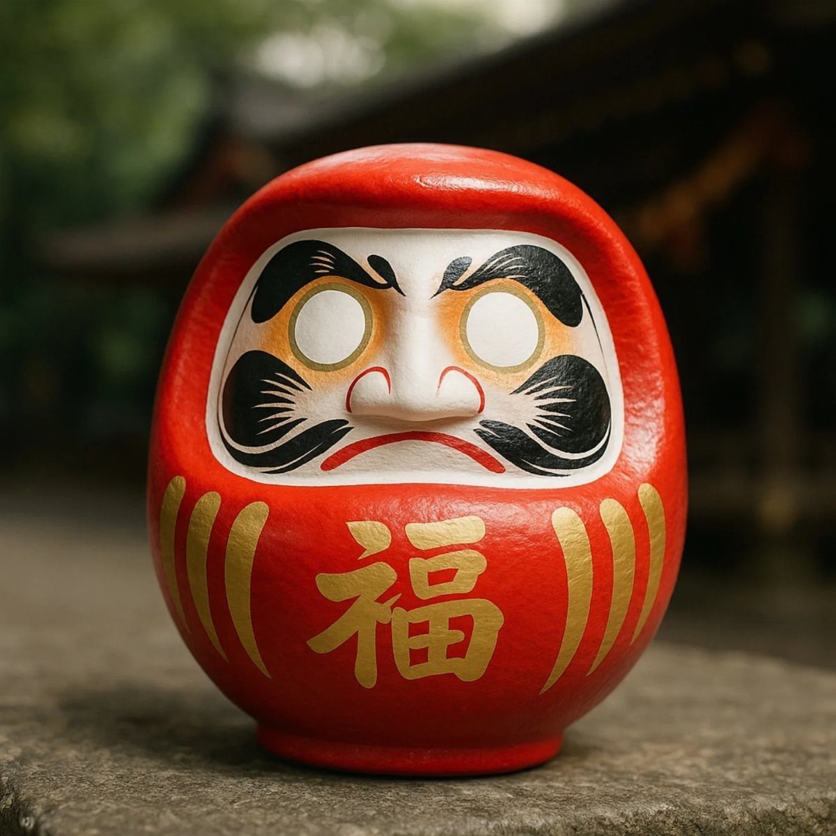 Red Daruma doll with gold lettering sitting on a grey stone surface.