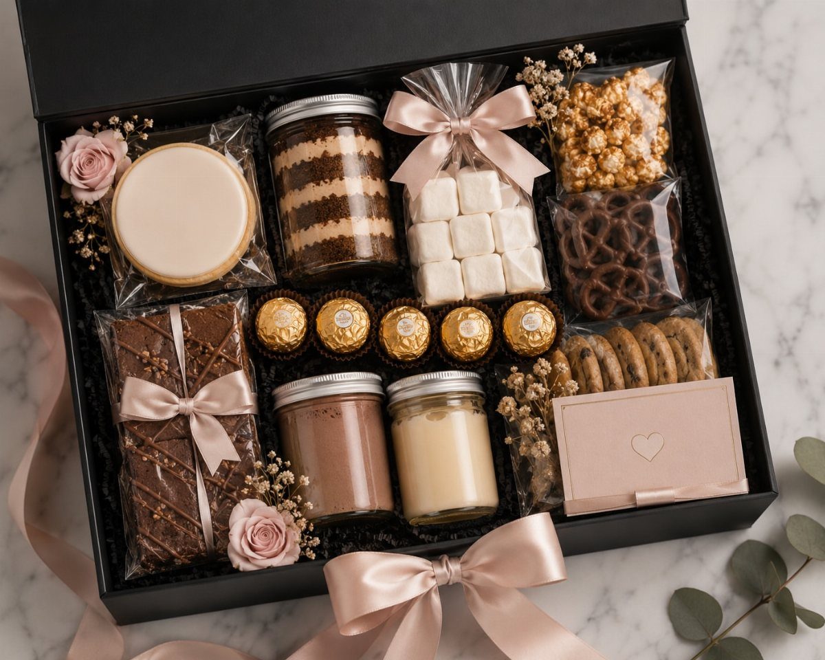 Gourmet chocolate gift hamper in a black box with pink ribbons and treats.