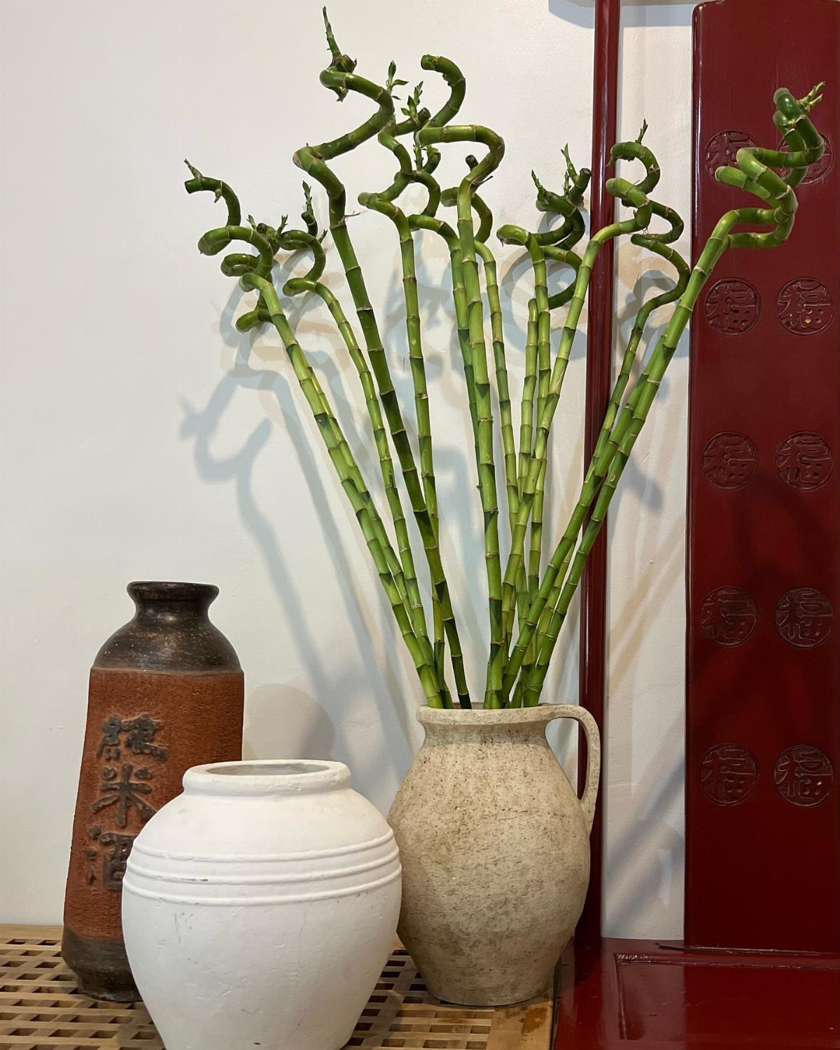 Spiral lucky bamboo stalks in a beige pitcher next to ceramic vases