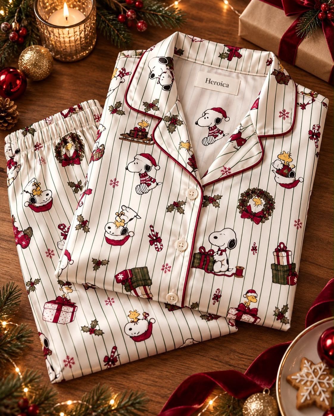 Snoopy Christmas pajama set on a wooden table with festive holiday decorations.