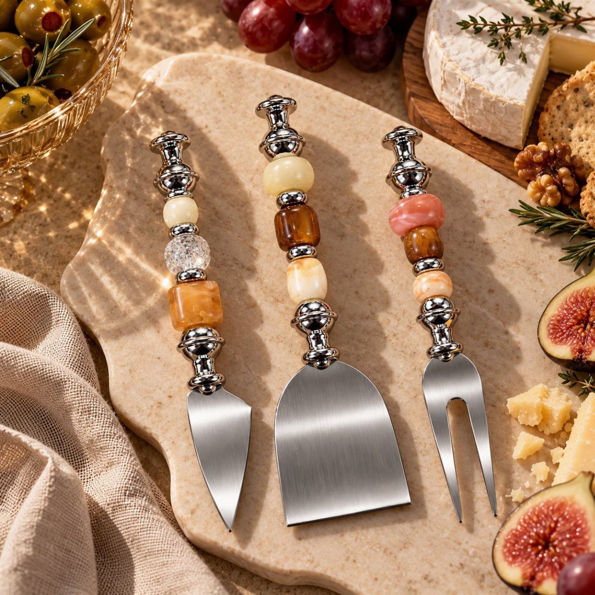 Three decorative cheese knives with beaded handles on a stone platter with appetizers.