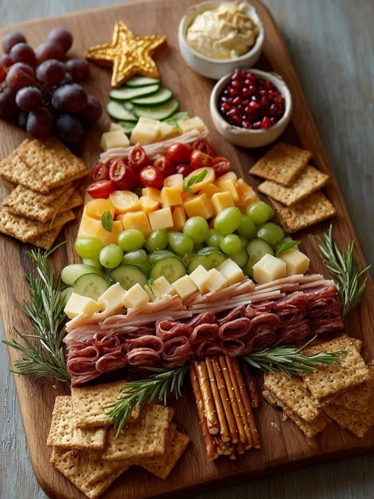 Christmas tree shaped charcuterie board with cheese, meats, grapes, and crackers on wood.