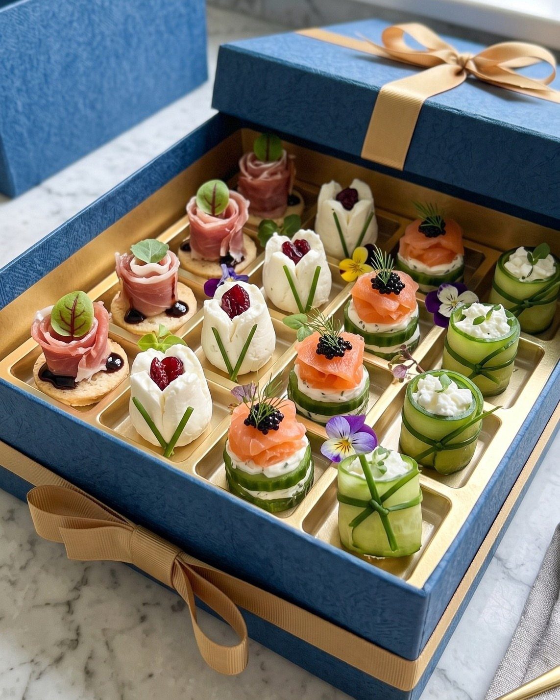 Gourmet appetizers in a blue gift box with gold dividers on marble.