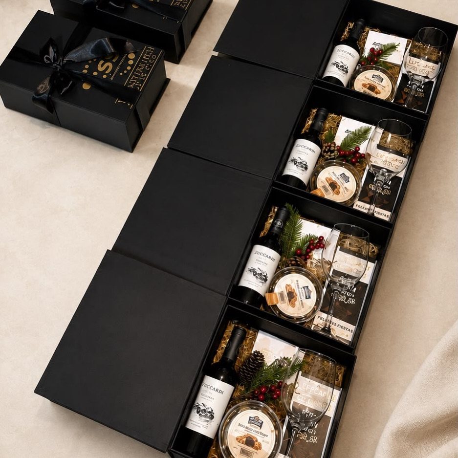 Black gift boxes containing wine bottles, glasses, and gourmet treats on white fabric.