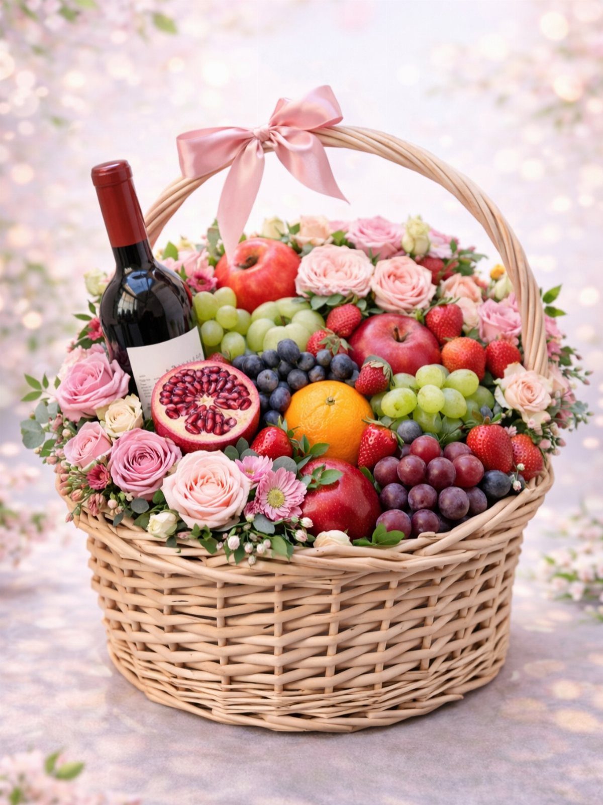 Wicker gift basket containing red wine, fresh fruits, and pink roses with a bow.