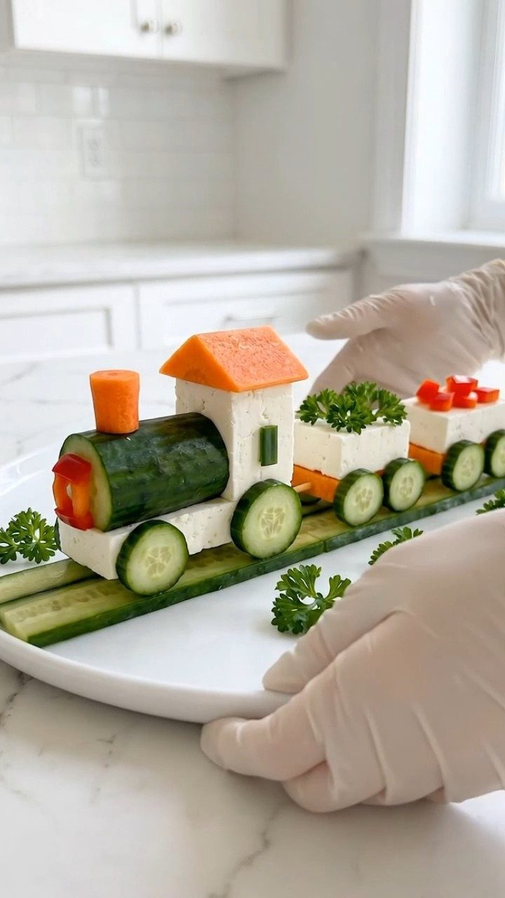 Vegetable and cheese train platter with cucumber wheels and carrot accents on white plate