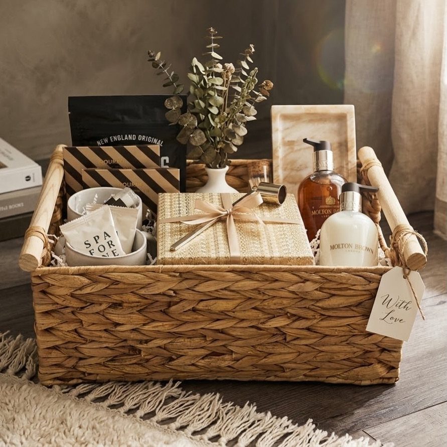 Woven wicker gift basket filled with luxury spa products and a wrapped present.