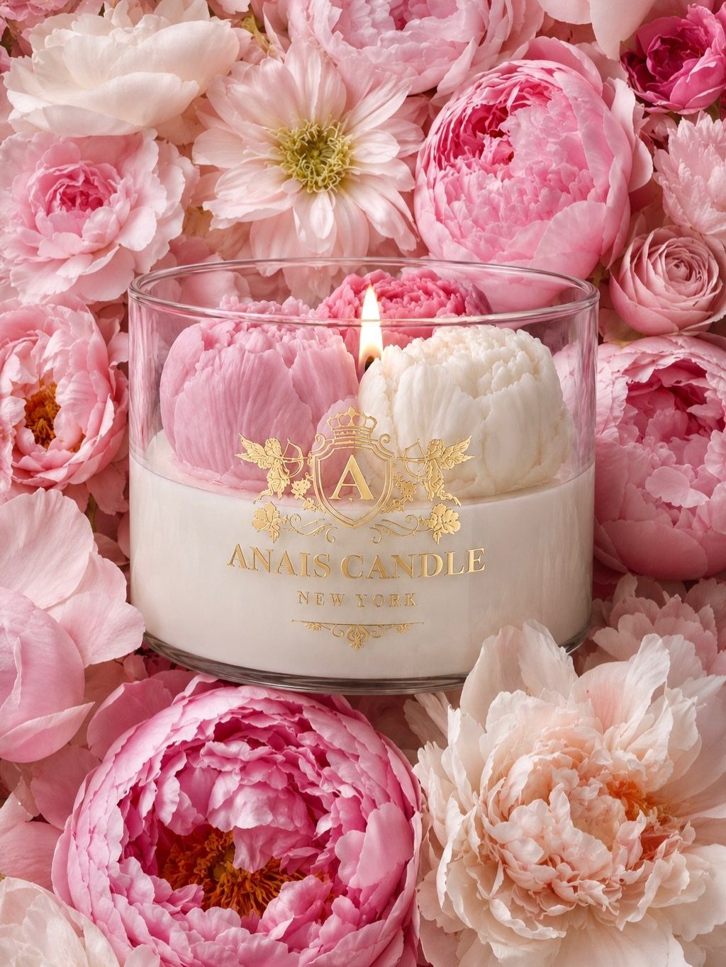 White luxury candle with wax flowers surrounded by pink and white peonies