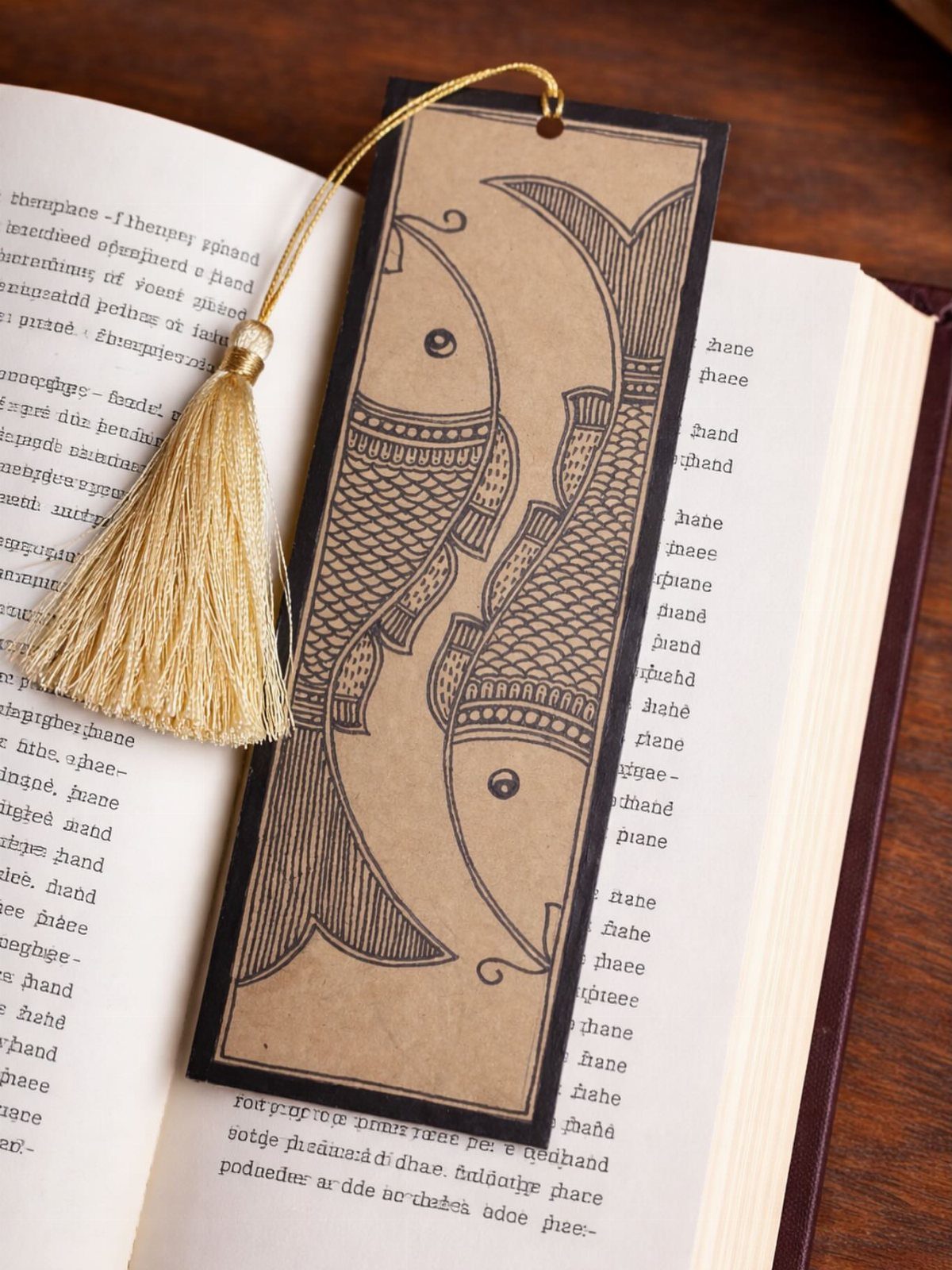 Brown cardboard bookmark with fish illustration and gold tassel inside an open book