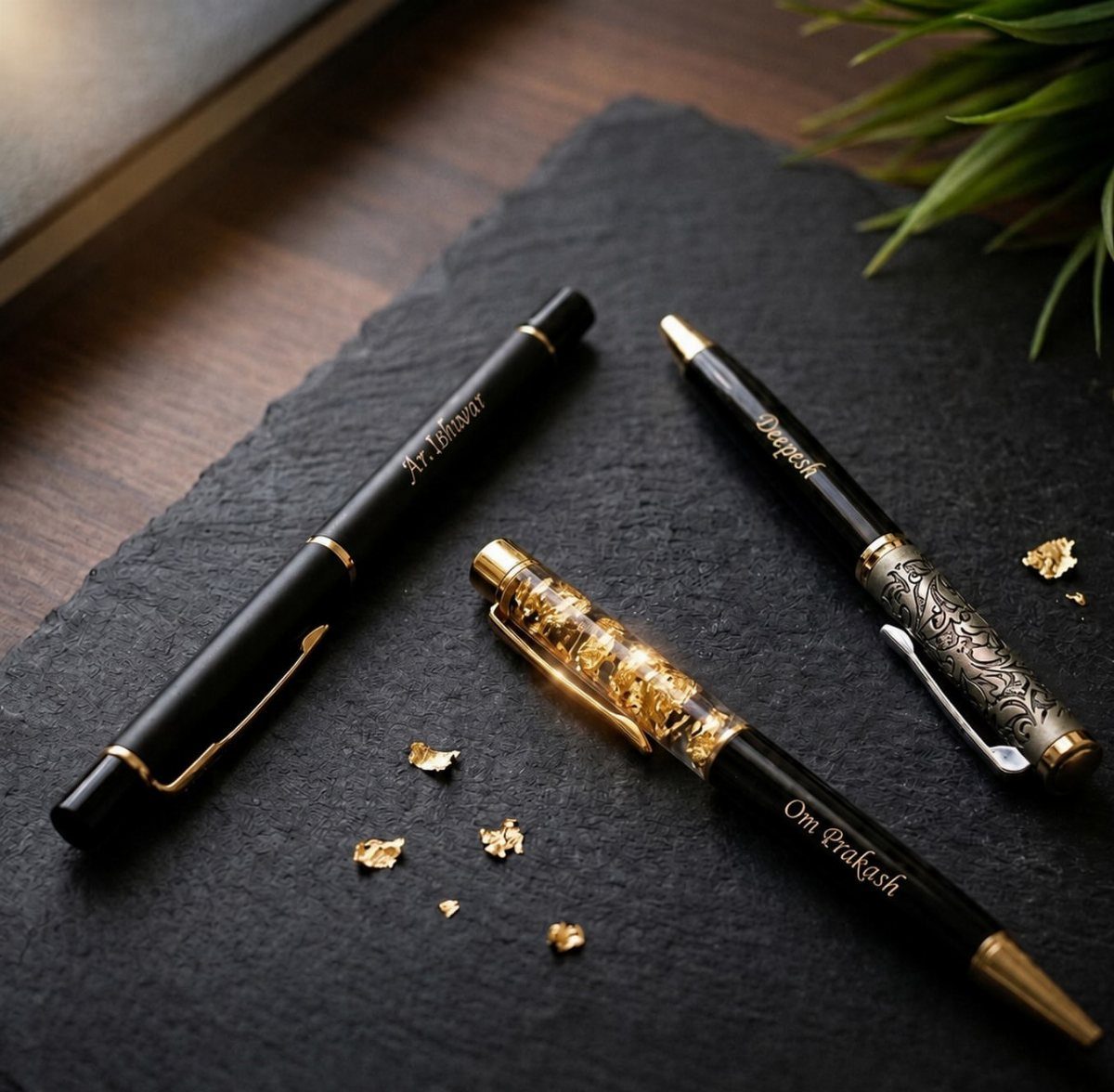 Three engraved luxury black and gold pens resting on a dark slate surface.