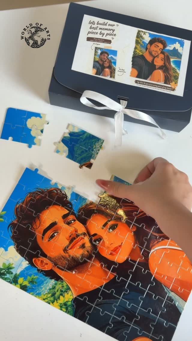 Custom photo jigsaw puzzle of a couple being assembled next to a gift box.