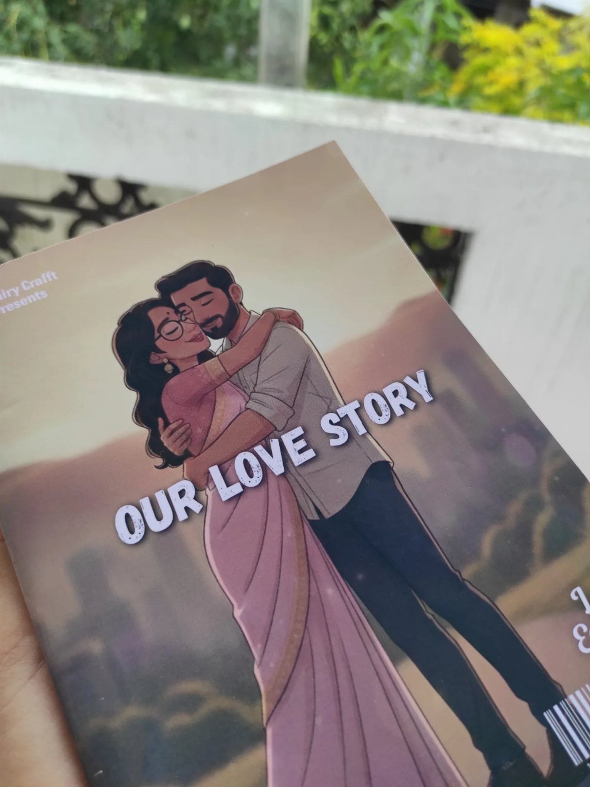 Custom storybook titled Our Love Story featuring an illustration of a couple embracing.