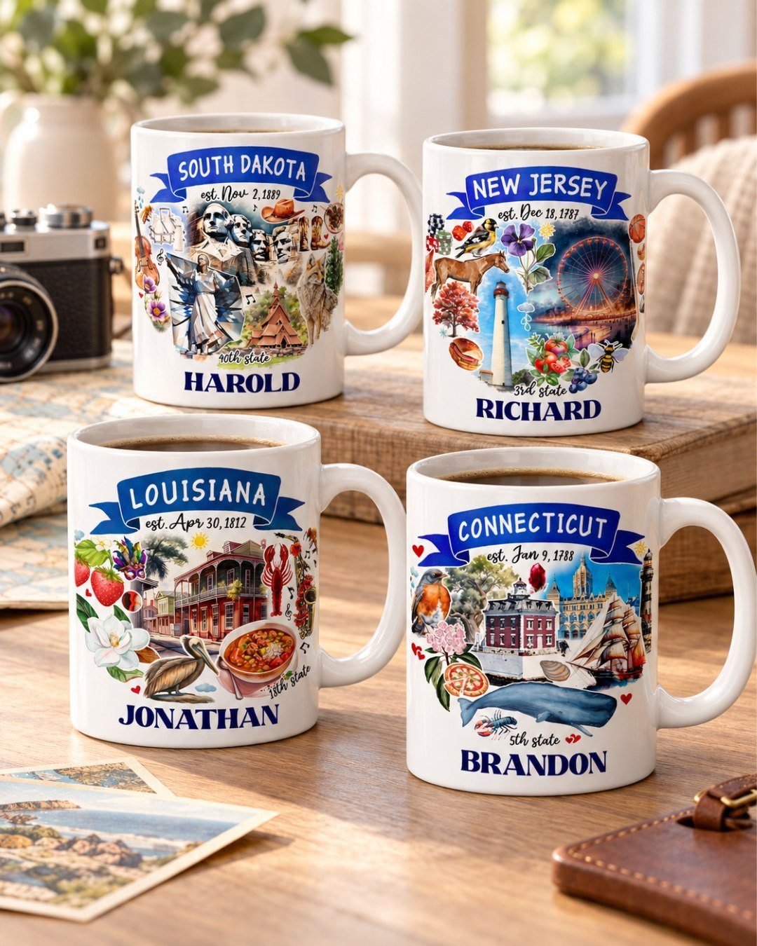 Four personalized white ceramic mugs with colorful US state illustrations and male names.