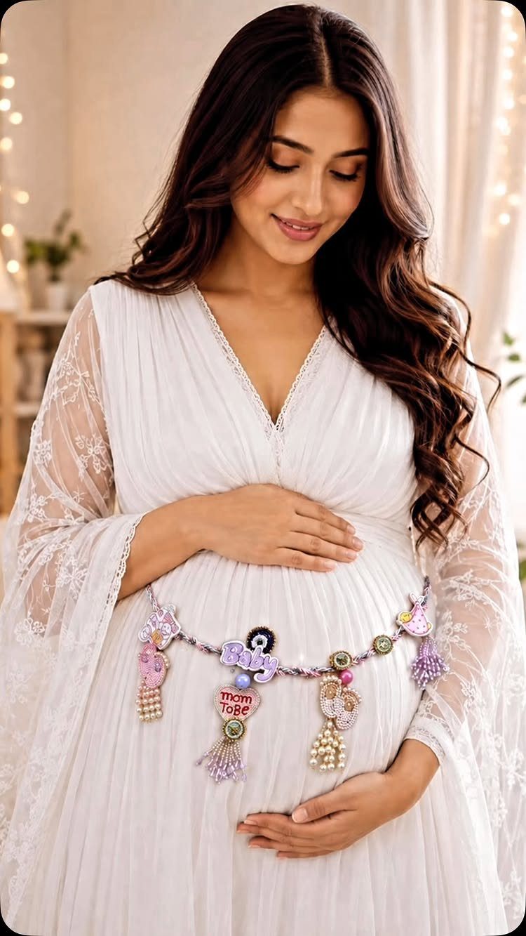 Pregnant woman in white lace dress wearing a decorative Mom To Be belly chain