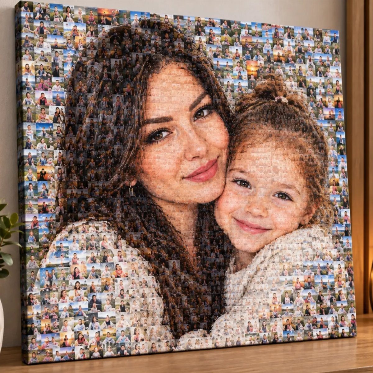 Canvas photo mosaic portrait of a woman and child made from tiny photos