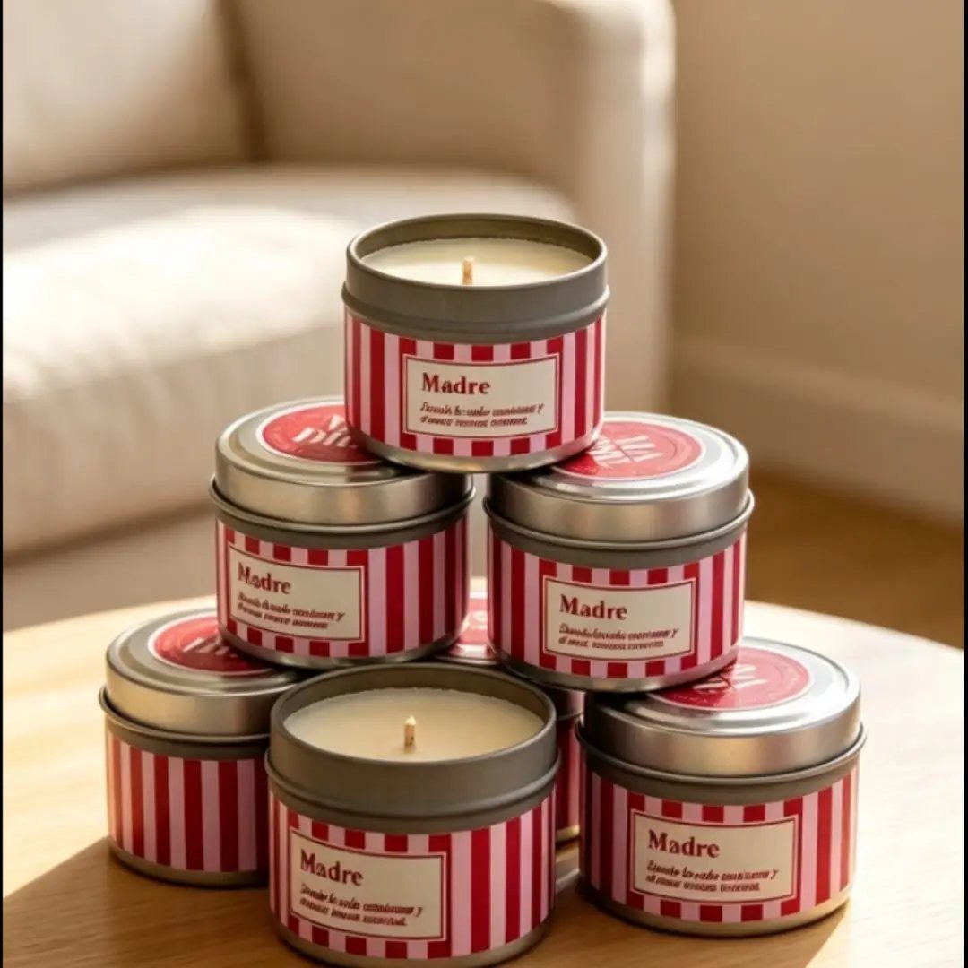 Stacked red and white striped candle tins with labels saying Madre on a table.