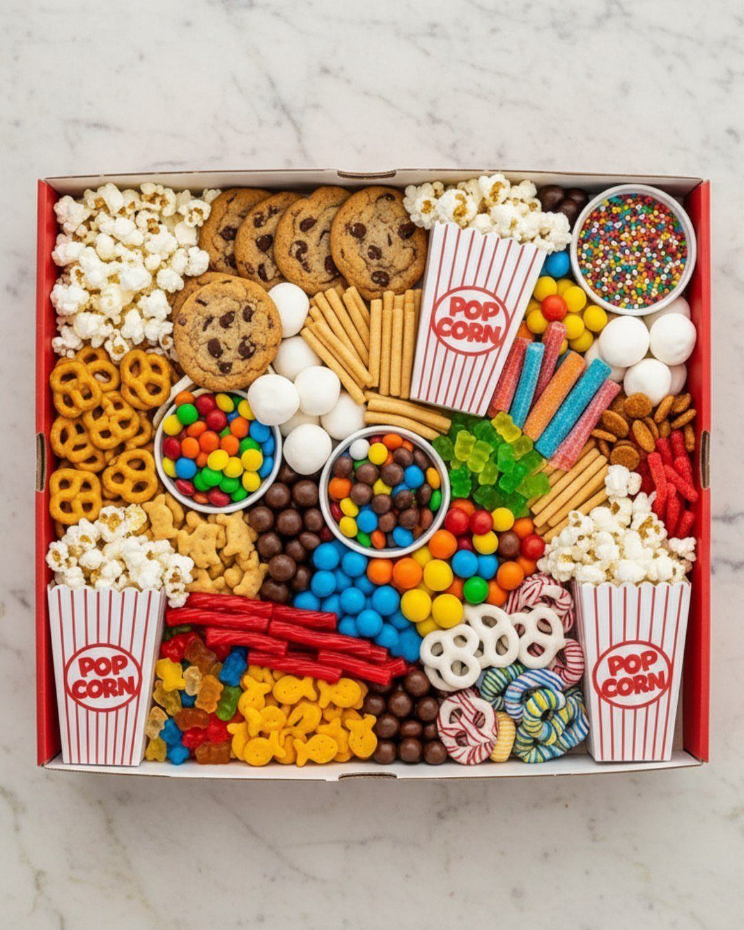 Assorted movie snacks and candies arranged in a white gift box.